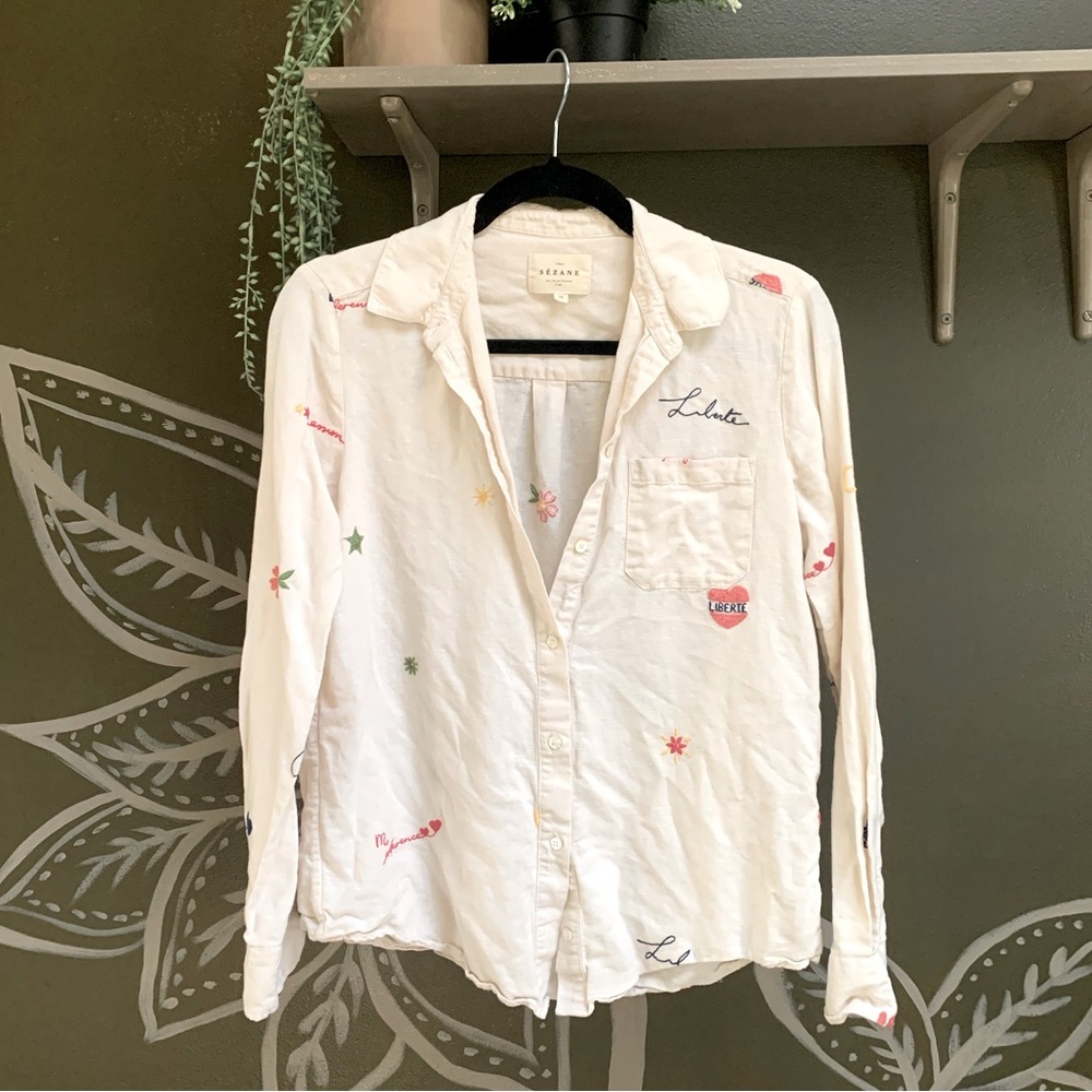 Sezane Boyfriend Button Down Embroidered